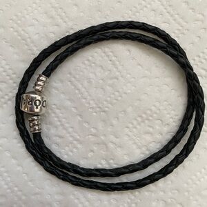Authentic Pandora double wrap Black Braided Leather Bracelet Silver Clasp 39 cm